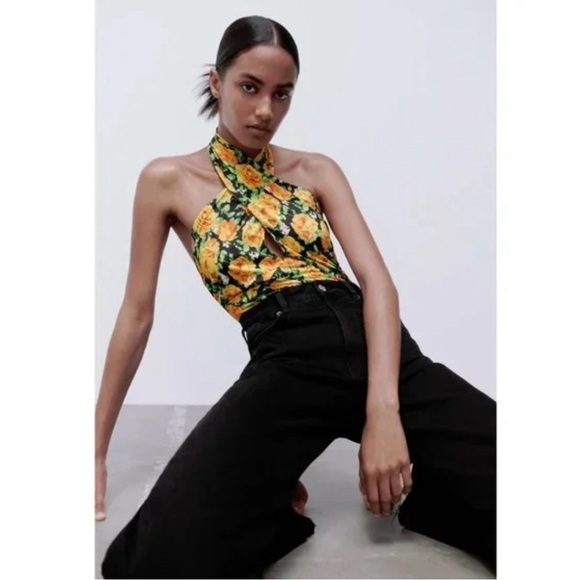 Zara Floral Halter Bodysuit Black Yellow Roses Size S - Picture 13 of 14